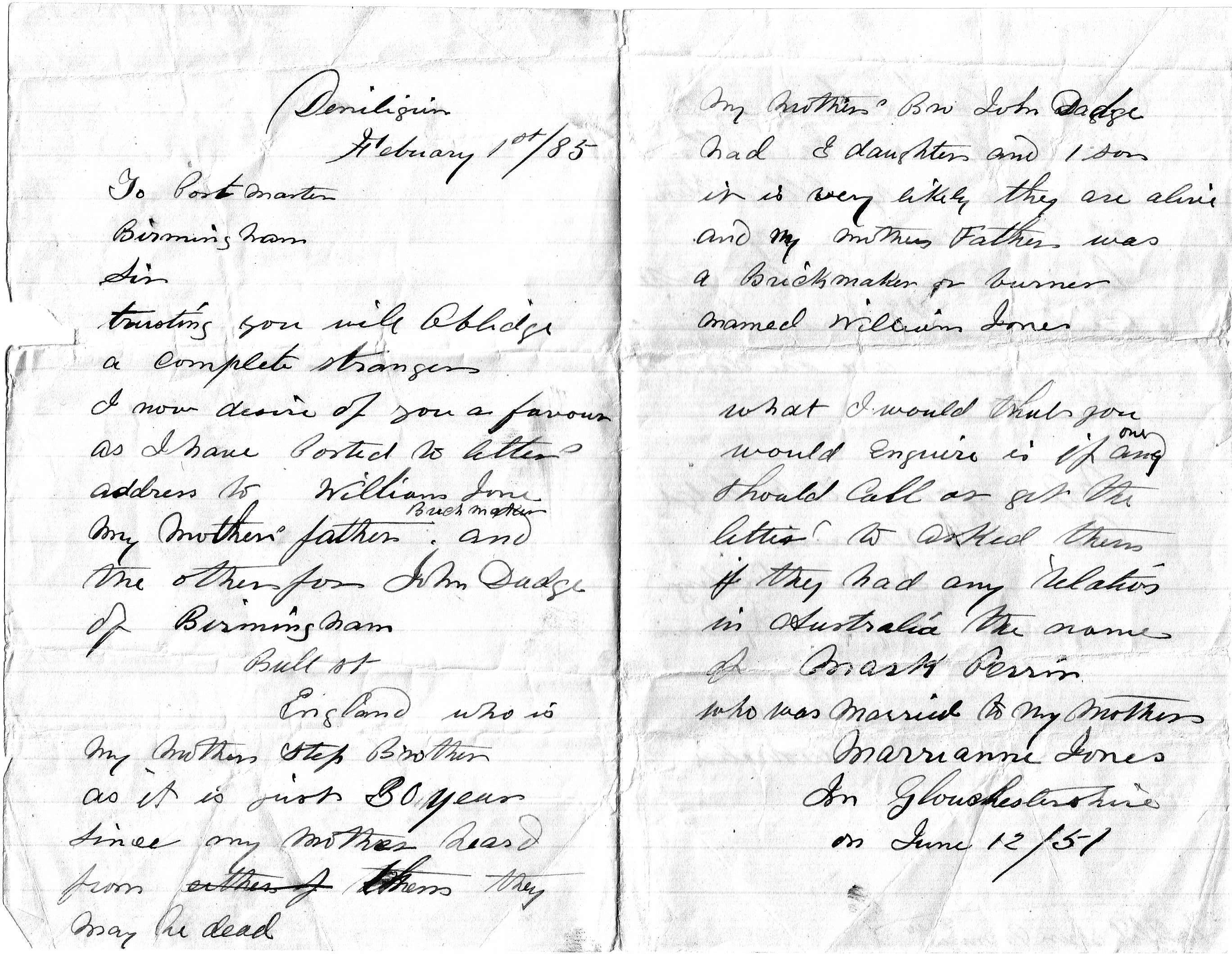 Letter from Geo to PO Birmingham 1 Feb 1885